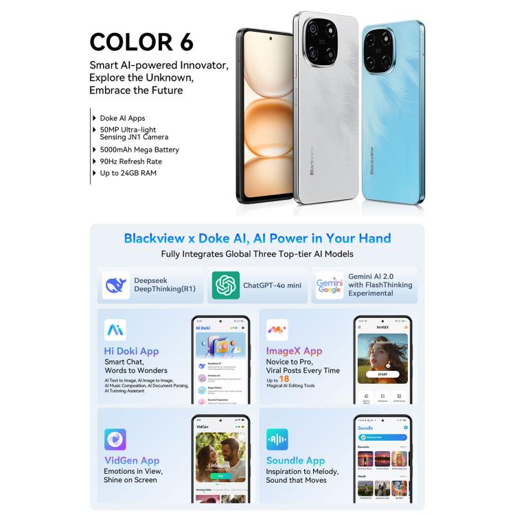 Blackview COLOR 6，8GB+256GB，指紋/臉部解鎖, 6.67英寸安卓15 MediaTek Helio G81八核 4G網絡