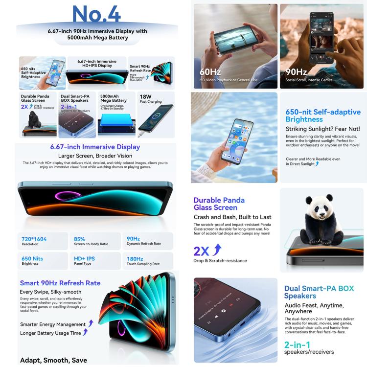 Blackview COLOR 6，8GB+256GB，指紋/臉部解鎖, 6.67英寸安卓15 MediaTek Helio G81八核 4G網絡