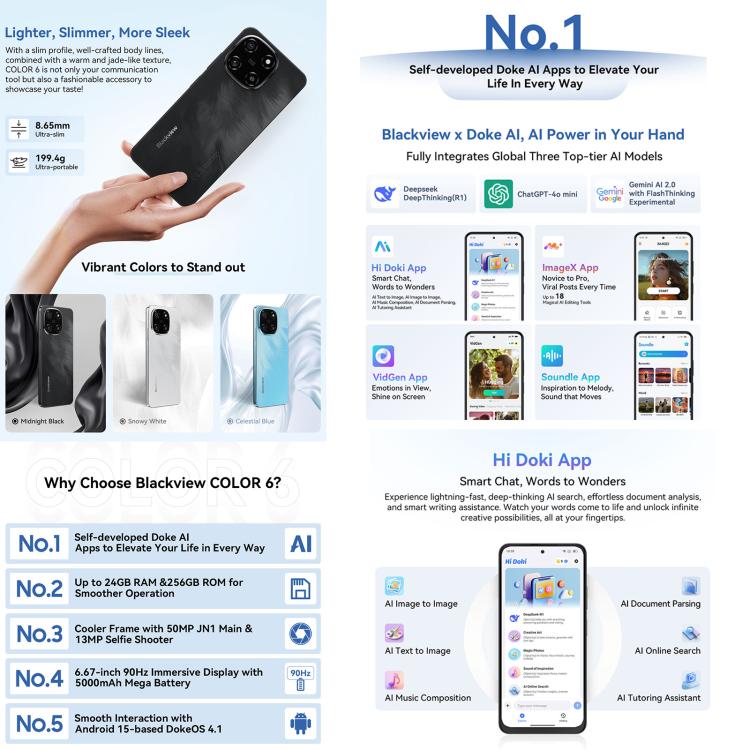 Blackview COLOR 6，8GB+256GB，指紋/臉部解鎖, 6.67英寸安卓15 MediaTek Helio G81八核 4G網絡