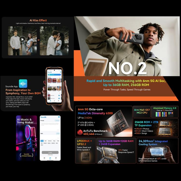 Blackview Oscal Pilot 3 5G三防機，12GB+256GB，6.56英寸安卓15聯發科天璣 6300八核, 網絡：5G, OTG, NFC