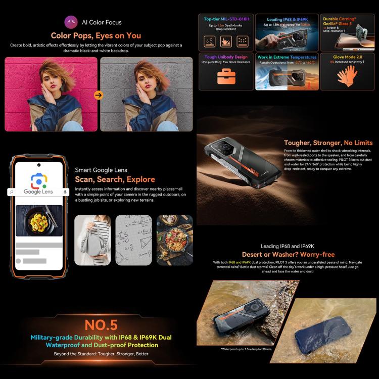 Blackview Oscal Pilot 3 5G三防機，12GB+256GB，6.56英寸安卓15聯發科天璣 6300八核, 網絡：5G, OTG, NFC