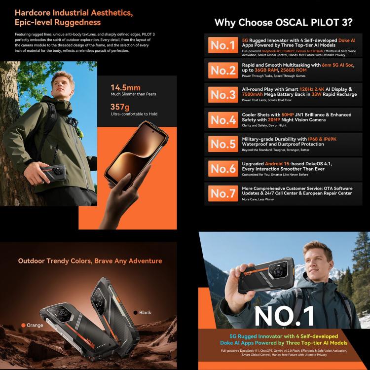 Blackview Oscal Pilot 3 5G三防機，12GB+256GB，6.56英寸安卓15聯發科天璣 6300八核, 網絡：5G, OTG, NFC