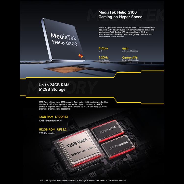 Ulefone Armor 30，12GB+512GB，夜視，IP68/IP69K三防機  6.95英寸安卓15聯發科 Helio G100八核, 網絡：4G, NFC, OTG