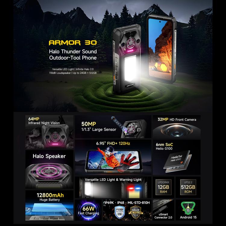 Ulefone Armor 30，12GB+512GB，夜視，IP68/IP69K三防機  6.95英寸安卓15聯發科 Helio G100八核, 網絡：4G, NFC, OTG