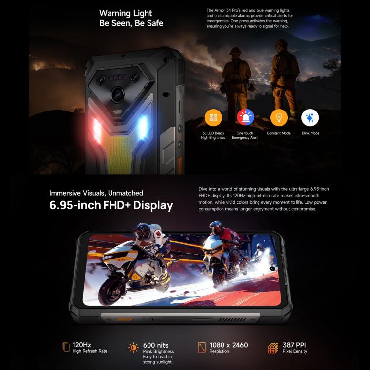Ulefone Armor 34 Pro，16GB+512GB，夜視，IP68/IP69K三防機  6.95英寸安卓15聯發科天璣7300八核, 網絡：5G, NFC, OTG