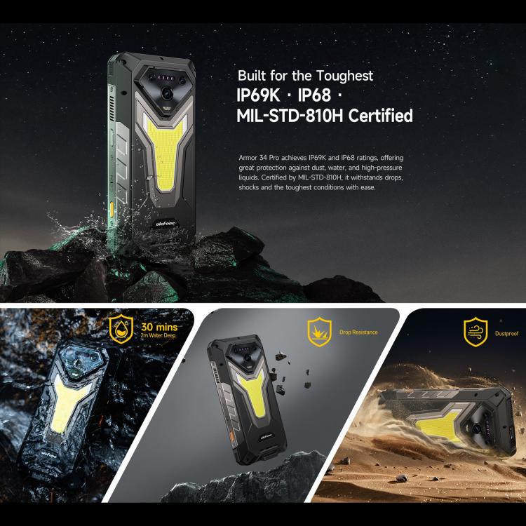 Ulefone Armor 34 Pro，16GB+512GB，夜視，IP68/IP69K三防機  6.95英寸安卓15聯發科天璣7300八核, 網絡：5G, NFC, OTG