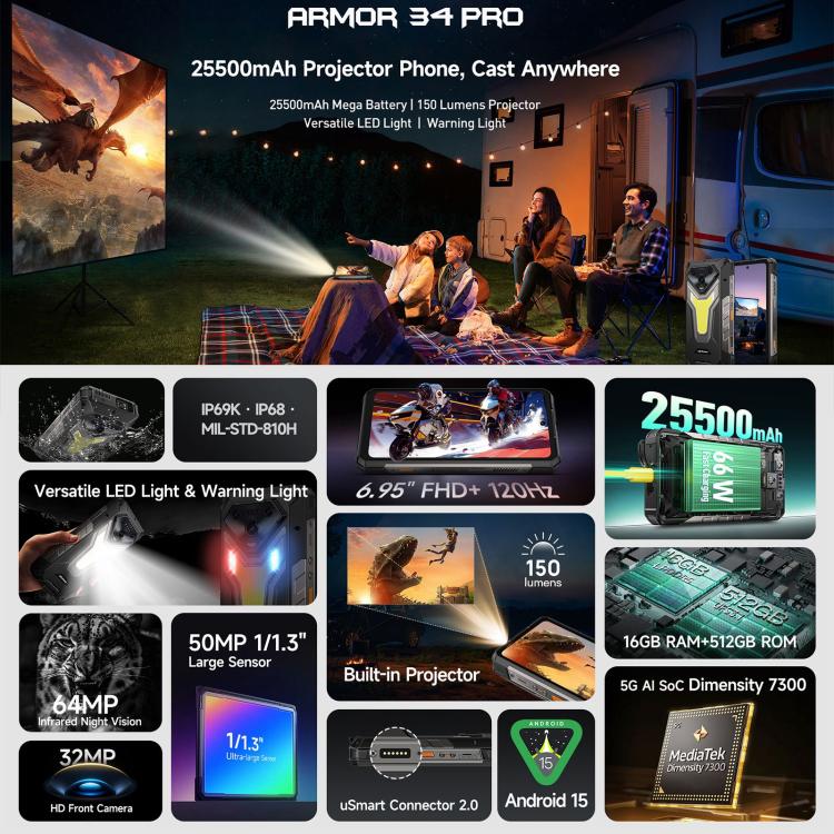 Ulefone Armor 34 Pro，16GB+512GB，夜視，IP68/IP69K三防機  6.95英寸安卓15聯發科天璣7300八核, 網絡：5G, NFC, OTG