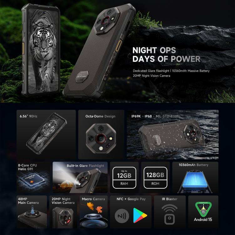 Ulefone Armor X16，6GB+128GB，夜視，IP68/IP69K三防機  6.56英寸安卓15聯發科Helio G91八核, 網絡：4G, NFC, OTG