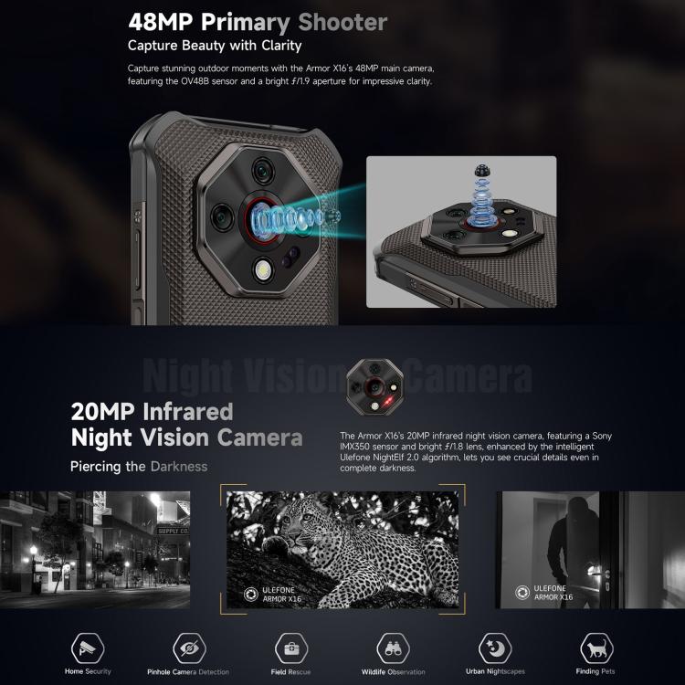 Ulefone Armor X16，6GB+128GB，夜視，IP68/IP69K三防機  6.56英寸安卓15聯發科Helio G91八核, 網絡：4G, NFC, OTG