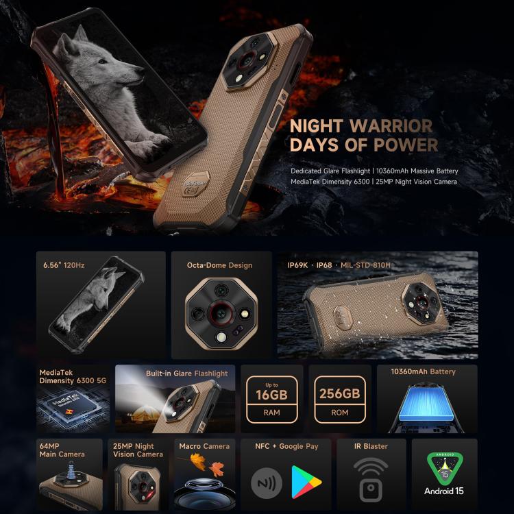 Ulefone Armor X16 Pro，8GB+256GB，夜視，IP68/IP69K三防機  6.56英寸安卓15聯發科天璣6300八核, 網絡：5G, NFC, OTG