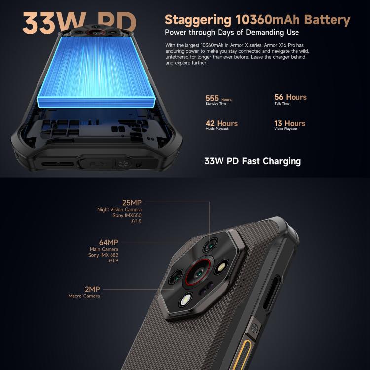 Ulefone Armor X16 Pro，8GB+256GB，夜視，IP68/IP69K三防機  6.56英寸安卓15聯發科天璣6300八核, 網絡：5G, NFC, OTG