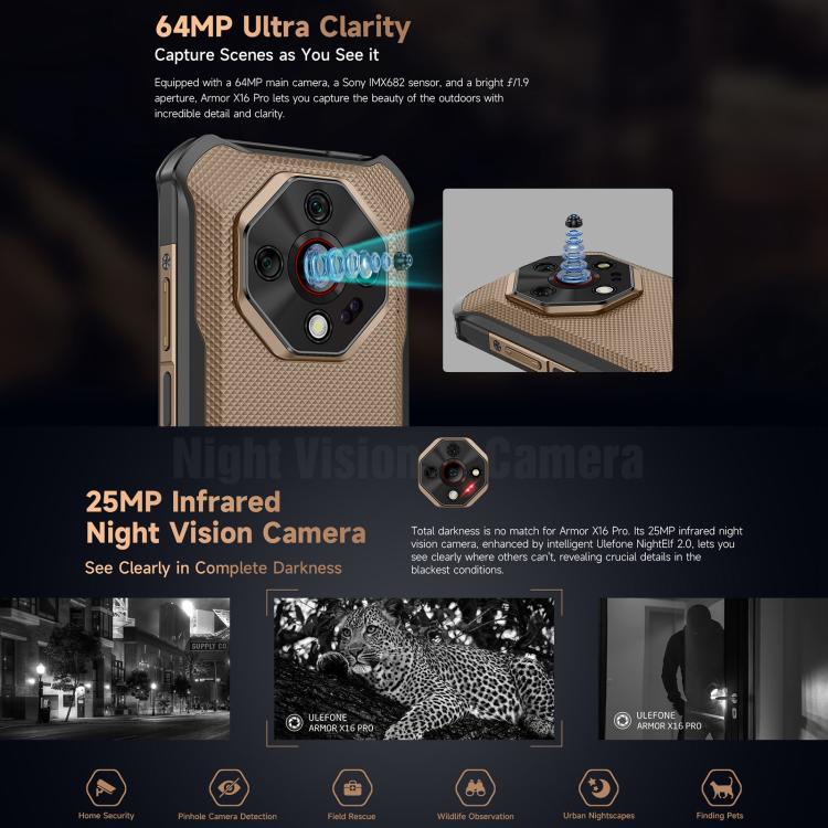 Ulefone Armor X16 Pro，8GB+256GB，夜視，IP68/IP69K三防機  6.56英寸安卓15聯發科天璣6300八核, 網絡：5G, NFC, OTG