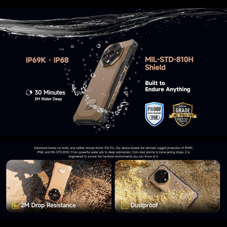 Ulefone Armor X16 Pro，8GB+256GB，夜視，IP68/IP69K三防機  6.56英寸安卓15聯發科天璣6300八核, 網絡：5G, NFC, OTG