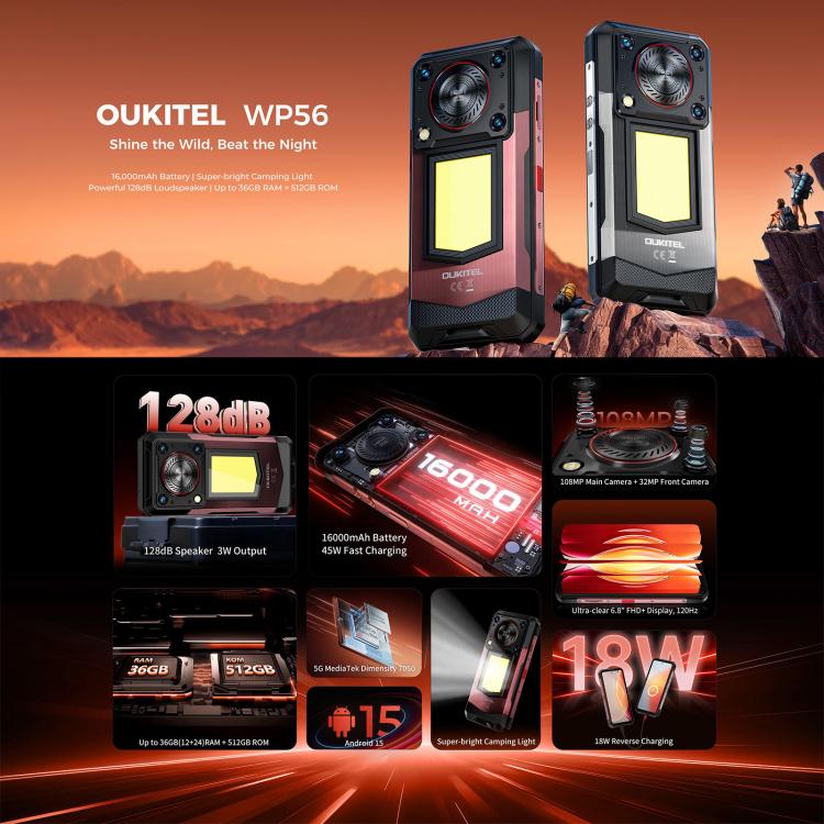 Oukitel WP56三防機，12GB+512GB，1億8百萬像素，6.8英寸安卓15聯發科天璣7050八核，NFC, OTG, 網絡：5G