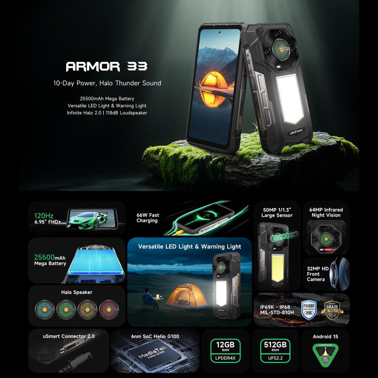 Ulefone Armor 33 IP68/IP69K三防機 12GB+512GB 6.95英寸 安卓15聯發科Helio G100八核，4G網絡 OTG, NFC, LED燈