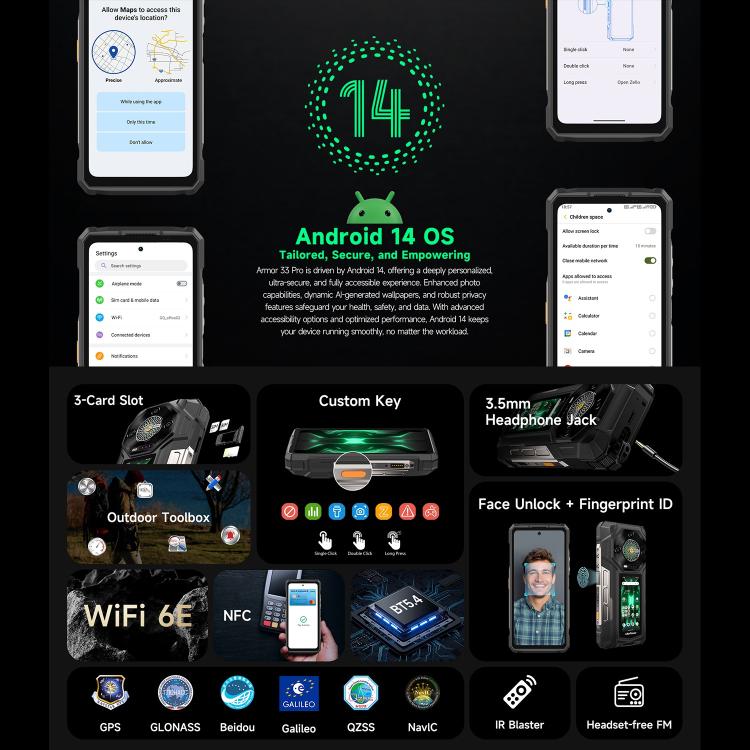 Ulefone Armor 33 Pro IP68/IP69K三防機 16GB+512GB，夜視 6.95英寸+3.4英寸雙屏,  安卓14聯發科天璣7300X八核5G網絡 OTG, NFC