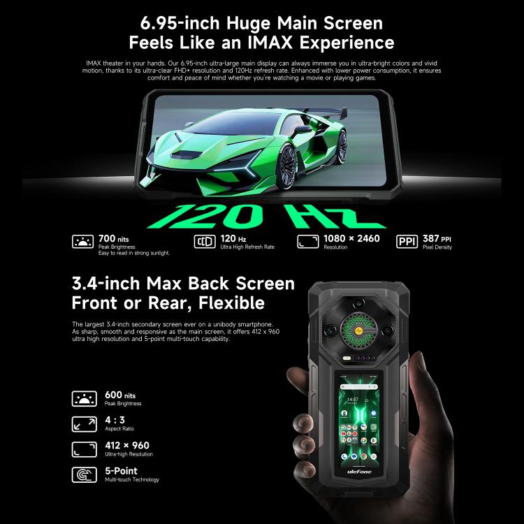 Ulefone Armor 33 Pro IP68/IP69K三防機 16GB+512GB，夜視 6.95英寸+3.4英寸雙屏,  安卓14聯發科天璣7300X八核5G網絡 OTG, NFC