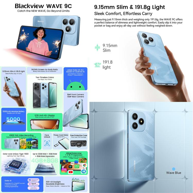 Blackview WAVE 9C，4GB+128GB，6.56英寸安卓15 紫光展銳T603 SC9863A 八核,  OTG, 4G網絡