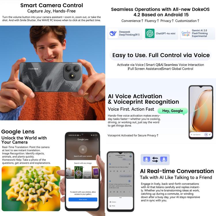 Blackview WAVE 9C，4GB+128GB，6.56英寸安卓15 紫光展銳T603 SC9863A 八核,  OTG, 4G網絡