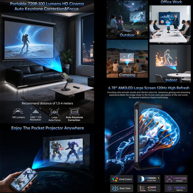 Unihertz 8849 Tank 4 夜視投影儀三防機，12GB+512GB，6.78 英寸Android 14天璣7300 MT6878八核，網絡：5G, NFC