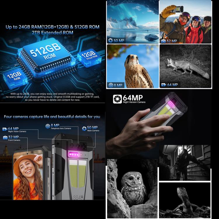 Unihertz 8849 Tank 4 夜視投影儀三防機，12GB+512GB，6.78 英寸Android 14天璣7300 MT6878八核，網絡：5G, NFC