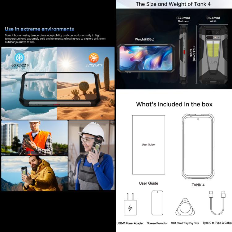 Unihertz 8849 Tank 4 夜視投影儀三防機，12GB+512GB，6.78 英寸Android 14天璣7300 MT6878八核，網絡：5G, NFC