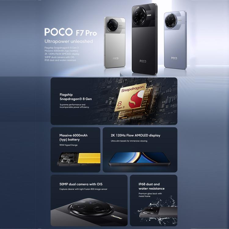 Xiaomi POCO F7 Global國際版，12GB+512GB，屏幕指紋，6.67英寸Xiaomi HyperOS 2 第3代驍龍 8八核，NFC，網絡：5G