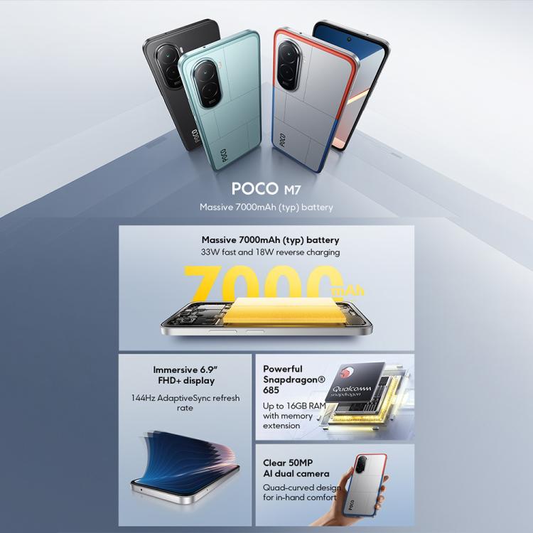 Xiaomi POCO M7國際版，8GB+256GB，側鍵指紋，6.9英寸Xiaomi HyperOS 2驍龍 685 4G八核，NFC，網絡：4G