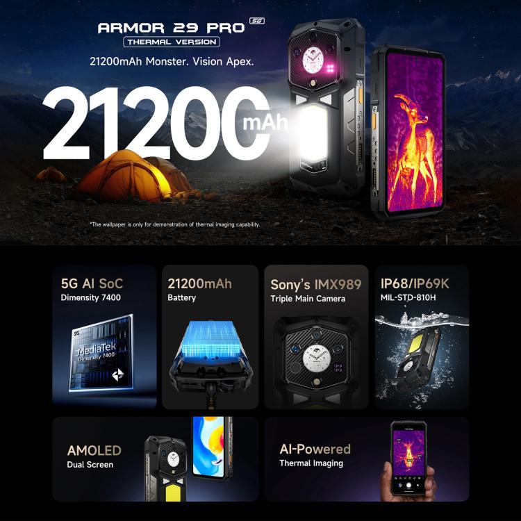 Ulefone Armor 29 Pro 熱成像三防機  16GB+512GB,  夜視，6.67英寸 + 1.04 英寸安卓15天璣7400八核, 網絡：5G, NFC
