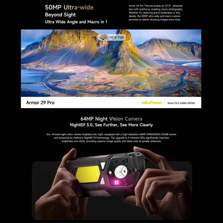 Ulefone Armor 29 Pro 熱成像三防機  16GB+512GB,  夜視，6.67英寸 + 1.04 英寸安卓15天璣7400八核, 網絡：5G, NFC