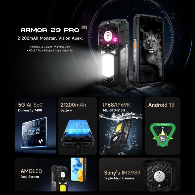 Ulefone Armor 29 Pro 三防機  16GB+512GB,  夜視，6.67英寸 + 1.04 英寸安卓15天璣7400八核, 網絡：5G, NFC