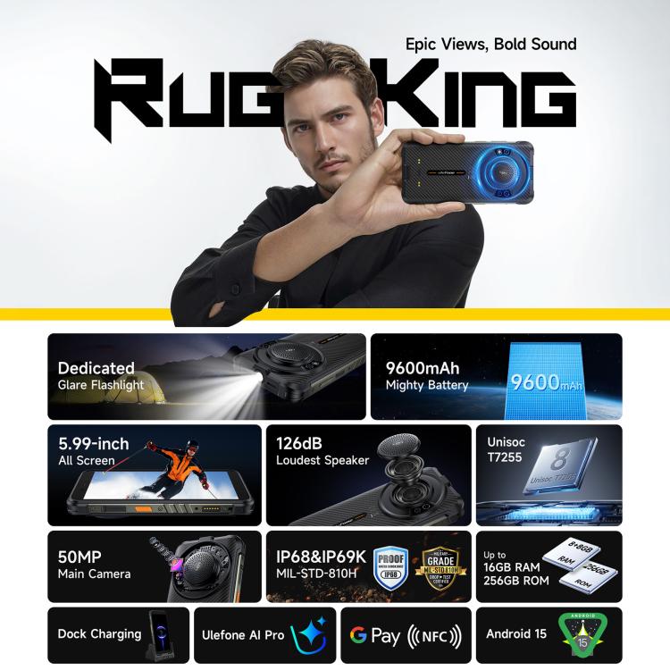 Ulefone RugKing ，IP68/IP69K三防機  8GB+256GB，5.99英寸安卓15 Unisoc T7255八核, 網絡：4G, NFC, OTG
