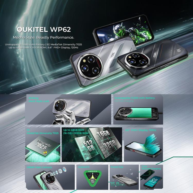 Oukitel WP62，8GB+256GB，IP68/IP69K三防機, 一億像素 6.6英寸安卓15聯發科天璣7025八核，NFC, OTG, 網絡：5G