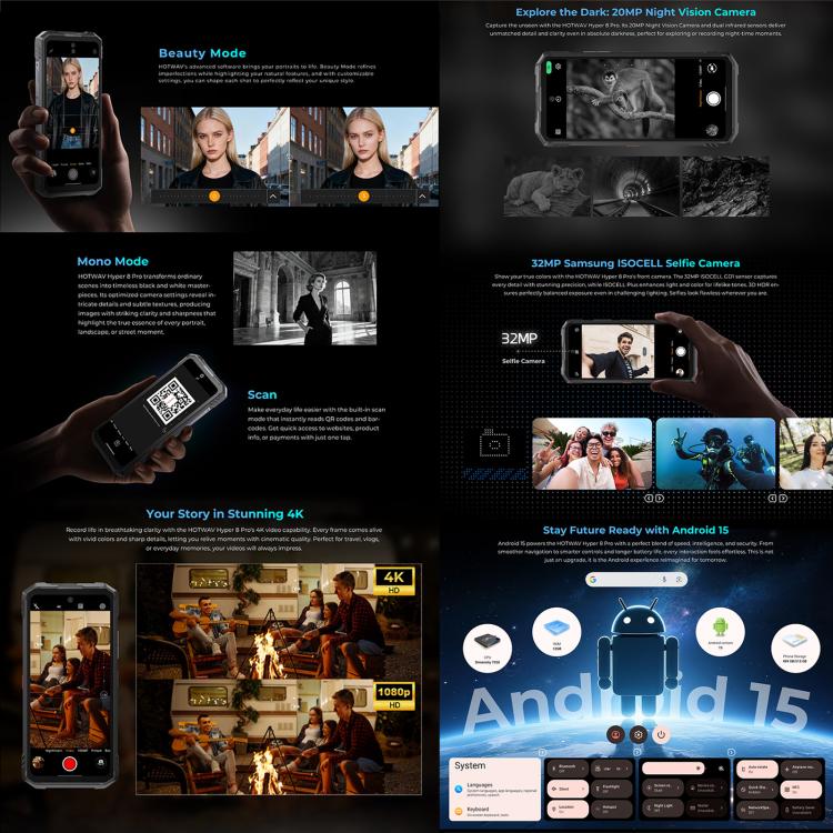 HOTWAV Hyper 8 Pro 三防機，12GB+512GB，6.6英寸安卓15 MT8791天璣7050八核, 網絡：5G, OTG, NFC  , Hyper 8 Pro