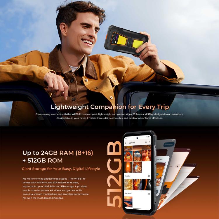 Oukitel WP58 Pro 三防機，側鍵指紋，8GB+512GB，6.7英寸安卓15 UMS9621S八核，NFC, OTG, 網絡：5G