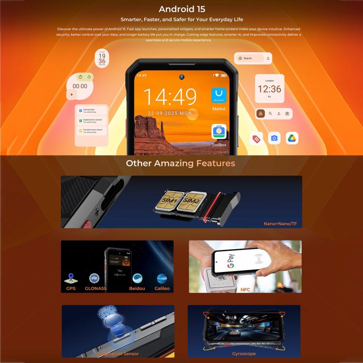 Oukitel WP58 Pro 三防機，側鍵指紋，8GB+256GB，6.7英寸安卓15 UMS9621S八核，NFC, OTG, 網絡：5G  , 8GB+256GB