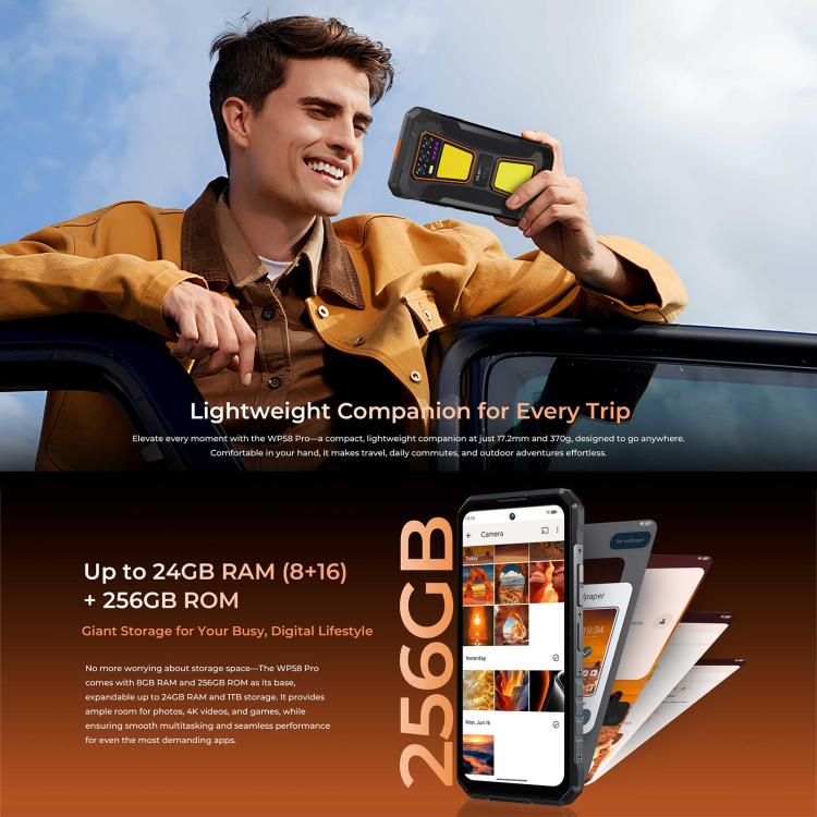 Oukitel WP58 Pro 三防機，側鍵指紋，8GB+256GB，6.7英寸安卓15 UMS9621S八核，NFC, OTG, 網絡：5G  , 8GB+256GB