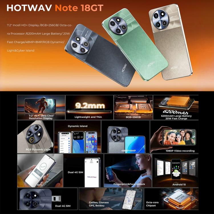 HOTWAV Note 18 GT，6GB+128GB，指紋，7.2寸安卓15, Unisoc T615八核, 4G網絡, OTG, NFC  , Note 18 GT, 8GB+256GB