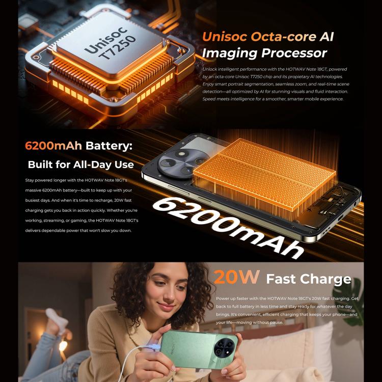 HOTWAV Note 18 GT，6GB+128GB，指紋，7.2寸安卓15, Unisoc T615八核, 4G網絡, OTG, NFC  , Note 18 GT, 8GB+256GB