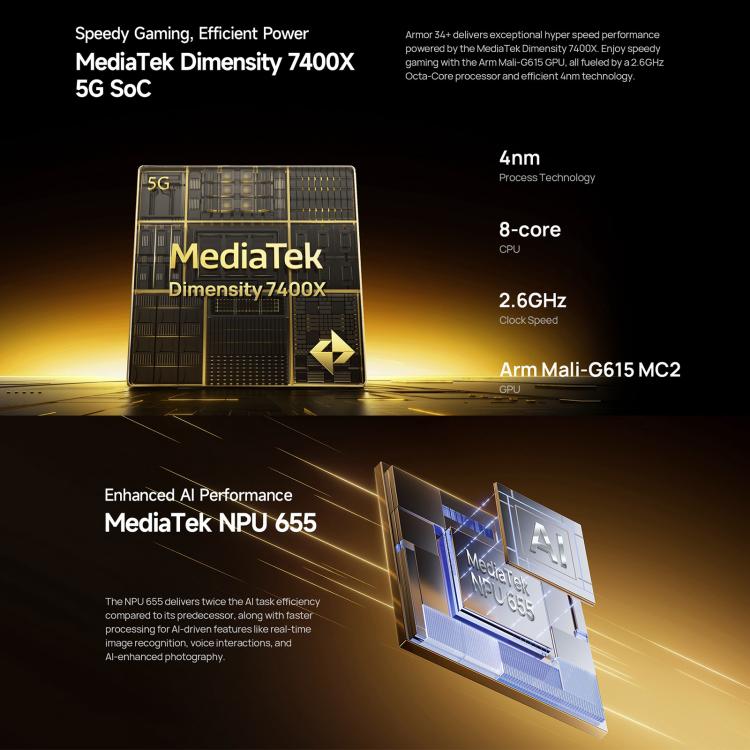 Ulefone Armor 34+，16GB+512GB，夜視，IP68/IP69K三防機  6.95英寸安卓15聯發科天璣7400X八核, 網絡：5G, NFC, OTG  , Armor 34+