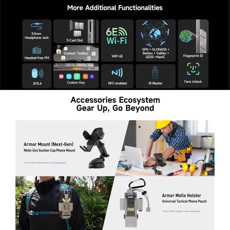 Ulefone Armor 34+，16GB+512GB，夜視，IP68/IP69K三防機  6.95英寸安卓15聯發科天璣7400X八核, 網絡：5G, NFC, OTG  , Armor 34+