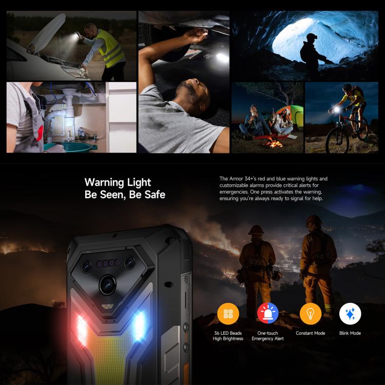 Ulefone Armor 34+，16GB+512GB，夜視，IP68/IP69K三防機  6.95英寸安卓15聯發科天璣7400X八核, 網絡：5G, NFC, OTG  , Armor 34+