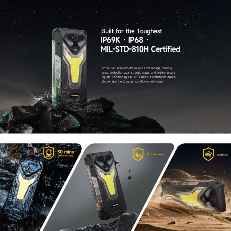 Ulefone Armor 34+，16GB+512GB，夜視，IP68/IP69K三防機  6.95英寸安卓15聯發科天璣7400X八核, 網絡：5G, NFC, OTG  , Armor 34+