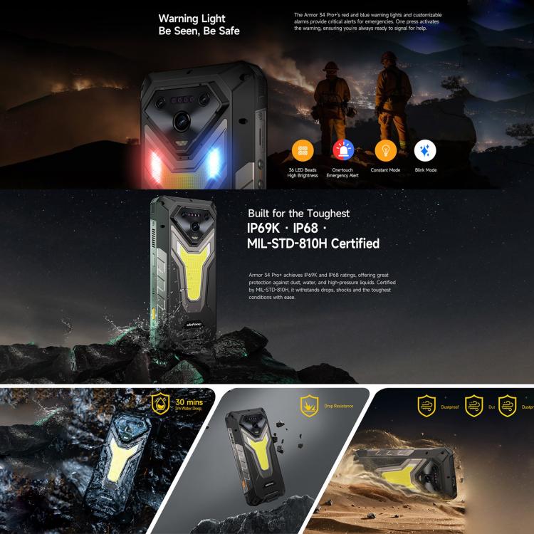 Ulefone Armor 34 Pro+ 投影儀，16GB+512GB，夜視，IP68/IP69K三防機  6.95英寸安卓15聯發科天璣7400X八核, 網絡：5G, NFC, OTG  , Armor 34 Pro+