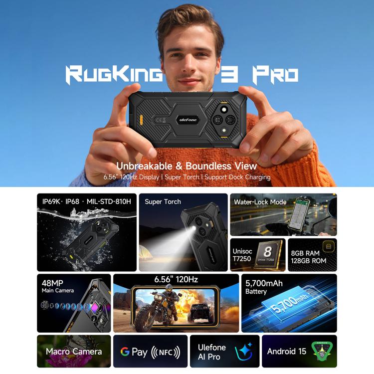 Ulefone RugKing 3 Pro，IP68/IP69K三防機  8GB+128GB，6.56英寸安卓15 Unisoc T7250八核, 網絡：4G, NFC, OTG  , RugKing 3 Pro