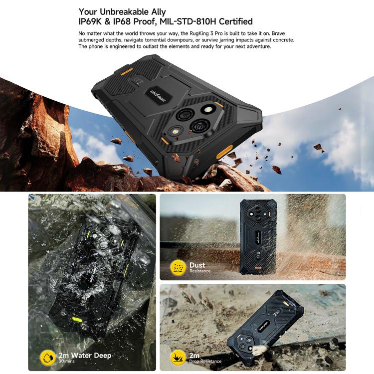 Ulefone RugKing 3 Pro，IP68/IP69K三防機  8GB+128GB，6.56英寸安卓15 Unisoc T7250八核, 網絡：4G, NFC, OTG  , RugKing 3 Pro