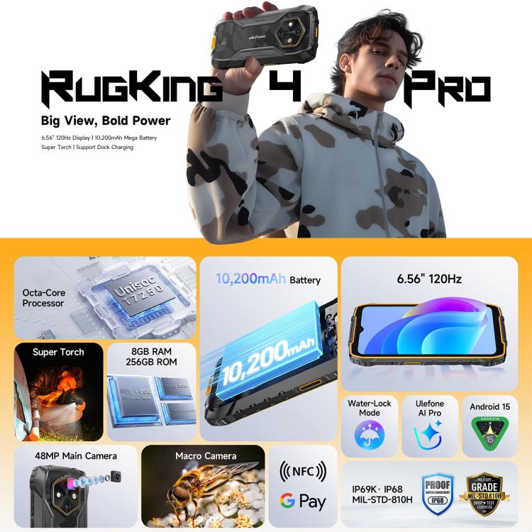 Ulefone RugKing 4 Pro，IP68/IP69K三防機，8GB+256GB，6.56英寸安卓15 Unisoc T7250八核, 網絡：4G, NFC, OTG  , RugKing 4 Pro