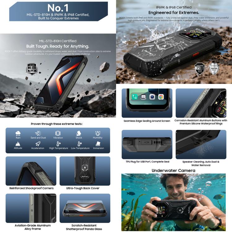 Blackview ROCK 1三防手機，8GB+256GB，6.56英寸安卓16 MT6769V/CB Helio G81八核, 網絡：4G, OTG, NFC  , ROCK 1 8GB+256GB