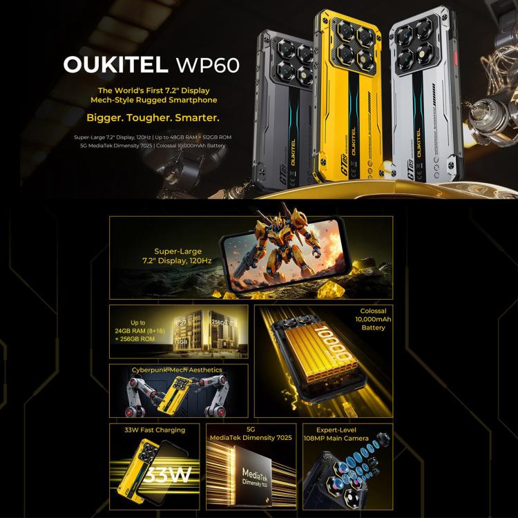 Oukitel WP60三防機，8GB+256GB，IP68/IP69K, 一億像素，7.2英寸安卓15聯發科天璣7025八核，NFC, OTG, 網絡：5G  , 8GB+256GB