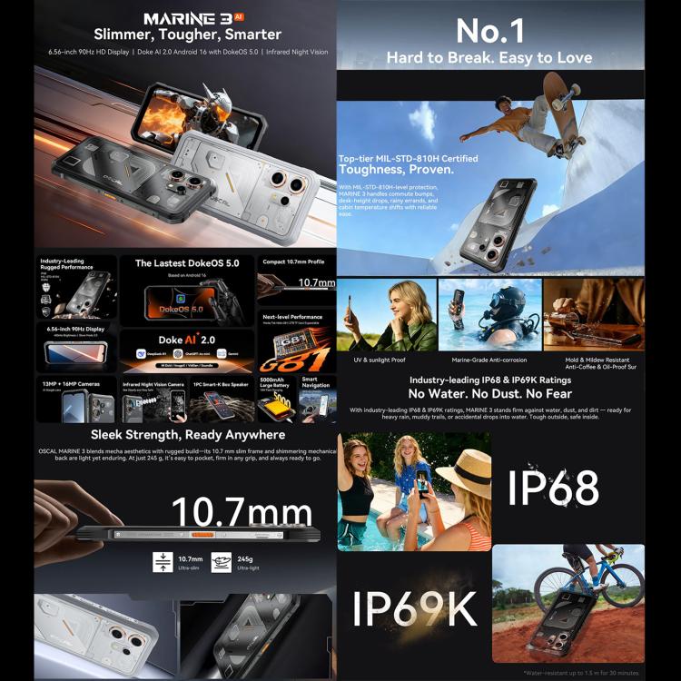 Blackview Oscal Marine 3，8GB+256GB，6.56英寸安卓16  MT6769V/CB G81八核, 網絡：4G, OTG, NFC  , 8GB+256GB